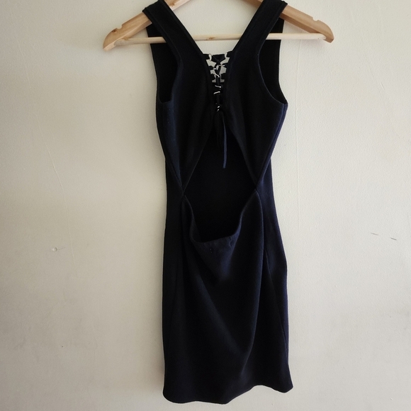 Debu Bodycon Stretch Knit Sleeveless Dress Size S Black Lace Up & Cut Out Back - Picture 2 of 9